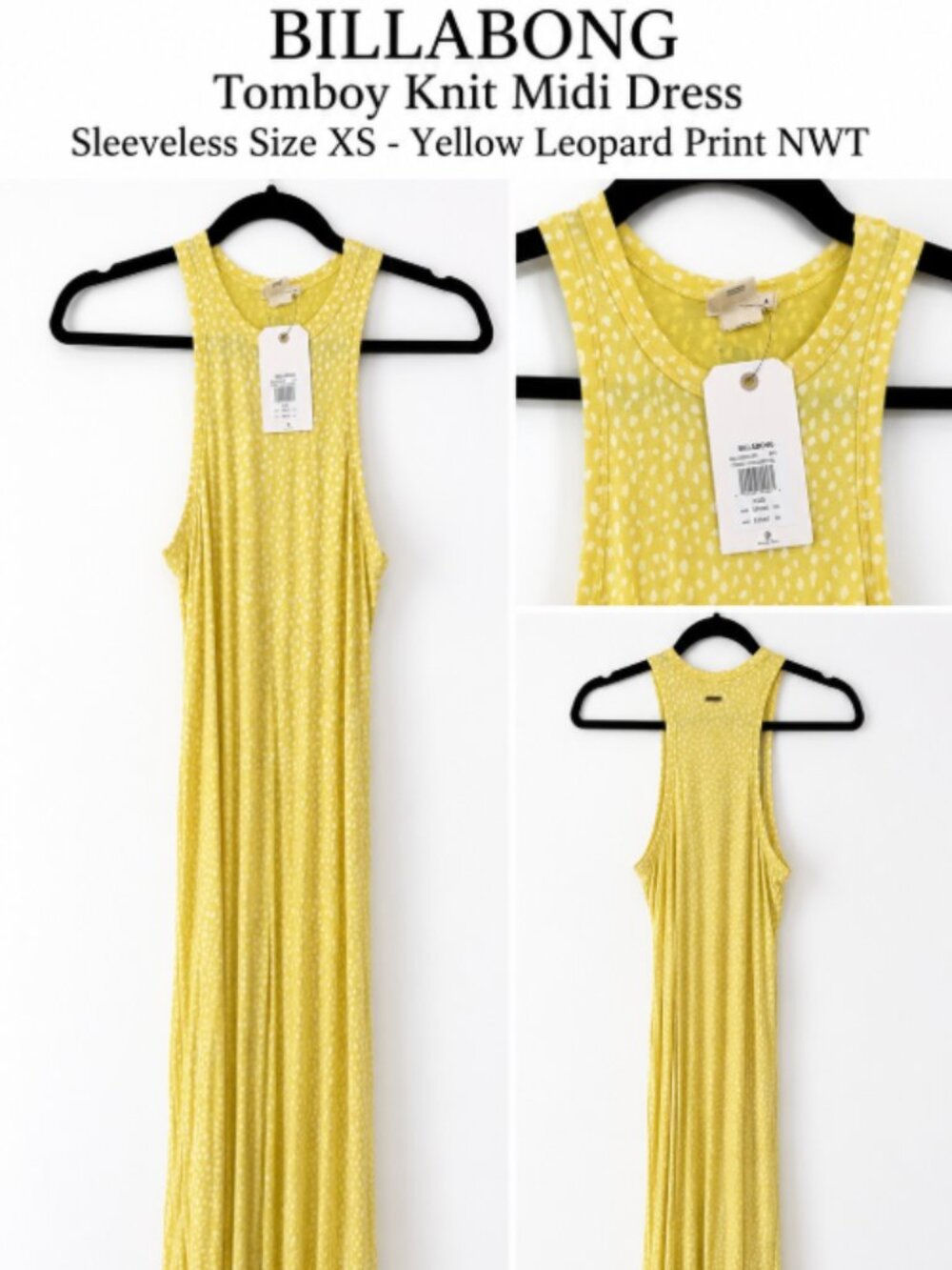 BILLABONG Tomboy Knit Midi Dress Sleeveless Size XS - Yellow Leopard Print NWT